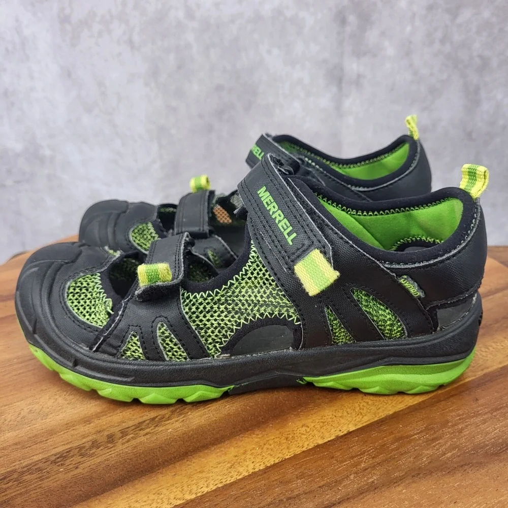 Merell Hydro Rapid Shoes Boys 4 M Black Green Leather Water Hiking Sport Sandals